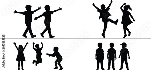 Foto Minimalist black silhouette illustration of children walking, jumping, dancing,