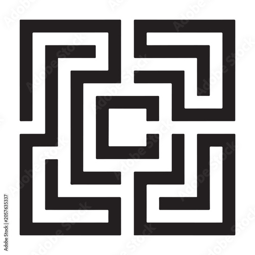 Abstract square labyrinth icon or maze design element with thick black lines on a white background