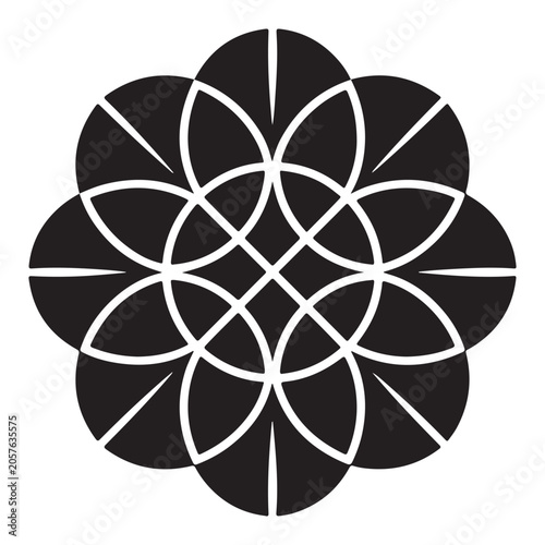 A symmetric circular geometric pattern featuring interlaced petal shapes arranged in a balanced floral radial design