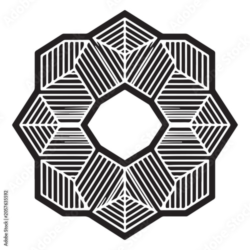 Isolated monochrome geometric floral mandala design with symmetrical hexagonal patterns and intricate striped line art texture