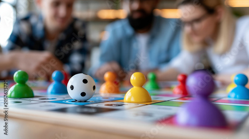 Anonymous colleagues playing a collaborative board game at a corporate team building retreat  strategy games and professional bonding concept  faceless  defocused casual indoor