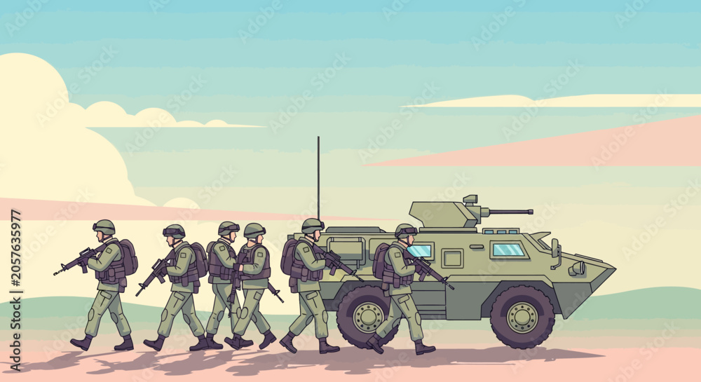 Fototapeta premium Illustration of Armed Soldiers and Armored Vehicle Marching in Formation