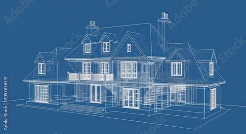 A detailed blueprint drawing of a large house with multiple gables and chimneys