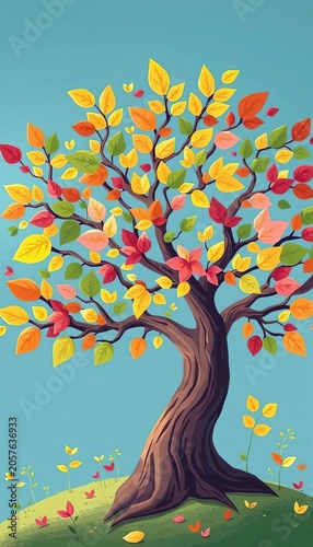 Whimsical tree illustration featuring stylized branches and vibrant leaves, foliage, isolated