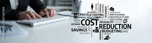 Schilderij op canvas A businessman types on a keyboard in a modern office, surrounded by concepts of cost reduction, budgeting, and savings, symbolizing financial strategies and efficiency