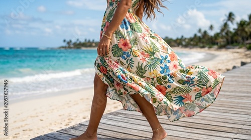 Woman walking on beach in floral dress showcasing summer fashion trends  