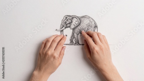 Pair hands drawing elephant piece paper white drawn pencil has long trunk tusks ears large floppy eyes small r