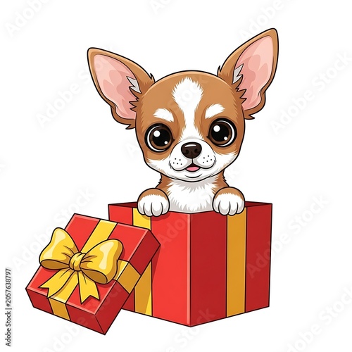 Cute cartoon dog sitting on wrapped gift boxes.