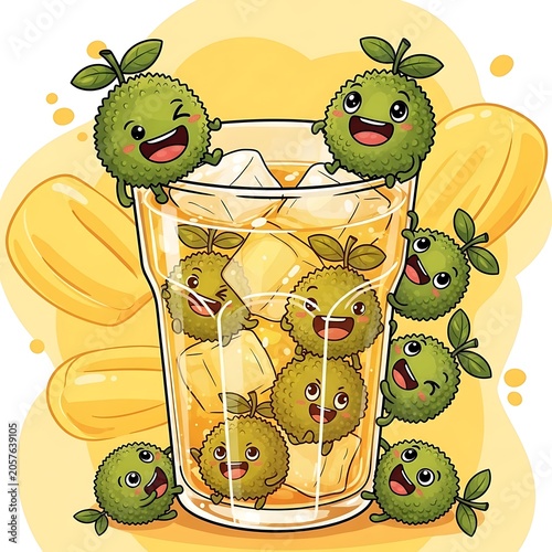 Colorful cartoon green frogs in a glass jar.