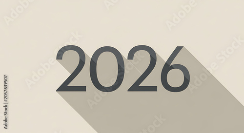 A futuristic illustration of the year 2026 with a shadow on a plain beige background