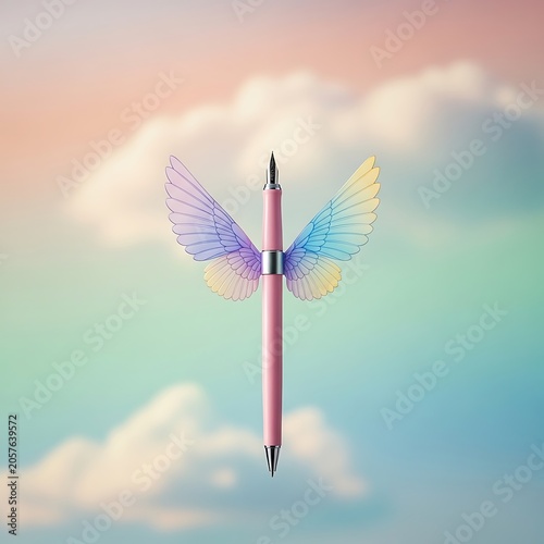 Colorful kite flying against cloudy sky backdrop.