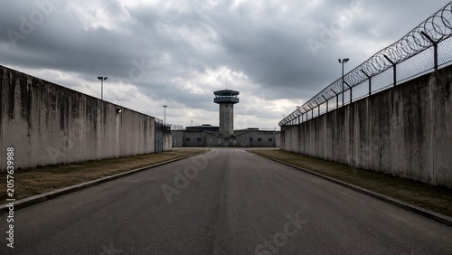 penitentiary. Empty road leading toward prison watchtower quiet