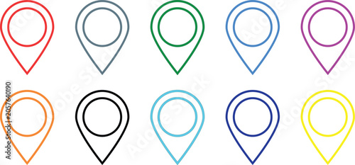 Colorful location pin collection vector illustration featuring map marker signs in multiple colors navigation symbols GPS destination pointers and travel graphic elements set