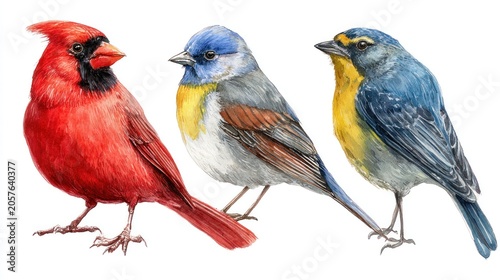 Three colorful birds illustration isolated on white background