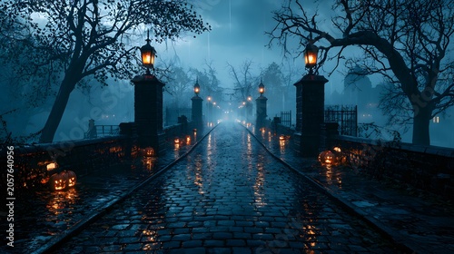 Foggy Night Bridge with Vintage Lanterns and Moody Gothic Atmosphere