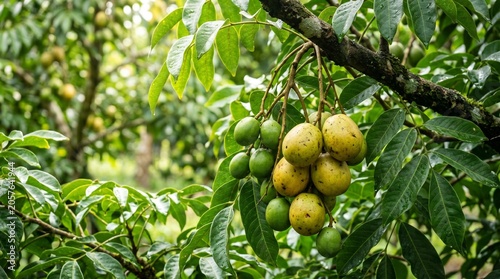 Fresh ripe and green ambarella fruits hanging on tree branch in orchard