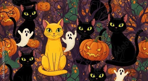 Spooky halloween background with black cats and carved pumpkins