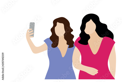 Portrait of two girls taking a selfie, faceless illustration, 
isolate on white, flat style, avatar