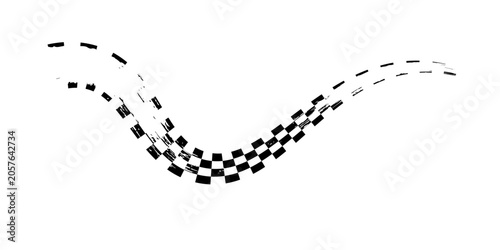 Grunge racing flag pattern with a distressed texture in black and white. Tire track with diagonal checkered design for motorsport themes, banners, graphics overlays. Abstract vector