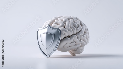 A white brain model covered by a silver shield, symbolizing mental protection and cognitive security