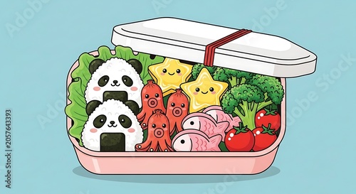 Colorful cartoon lunch box with assorted vegetables and fruits.