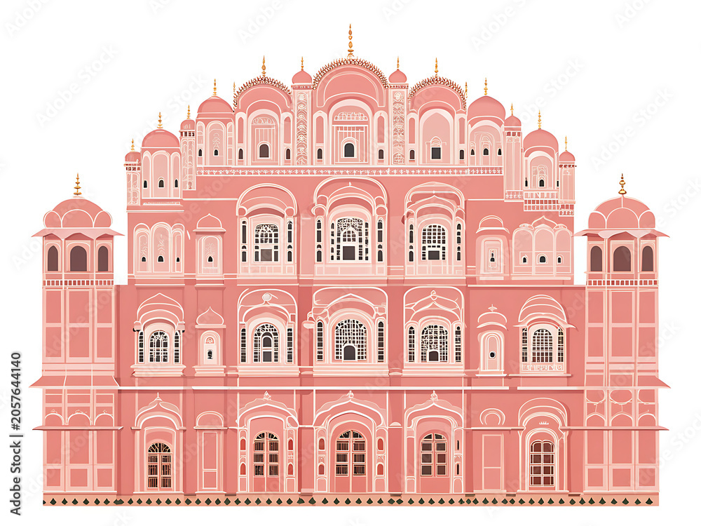 Fototapeta premium Jaipur Hawa Mahal facade, modern minimal vector style, pink sandstone palette, clean flat shapes, decorative windows, no text, no people.