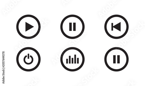 Foto Set of circular media control icons featuring play pause rewind power button and waveform graphics
