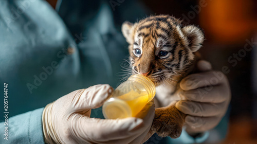 Feeding moment with a baby tiger in a wildlife conservation center at dusk