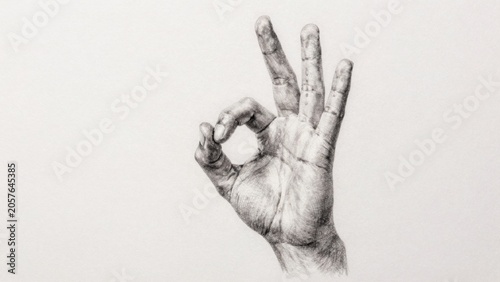 Black white hand drawn realistic style has fingers slightly curled tips thumb larger than index finger palm be