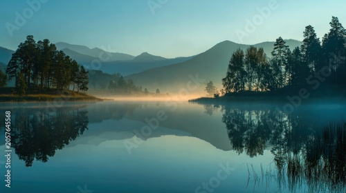 Tranquil lake scene with mountains and trees at sunrise reflecting on water