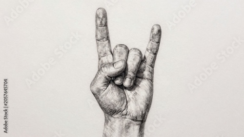 Black white hand drawn rock roll gesture fingers pointing thumb skin wrinkled appears dry background plain bla