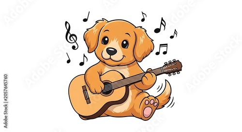 Happy cartoon bear playing acoustic guitar and singing.