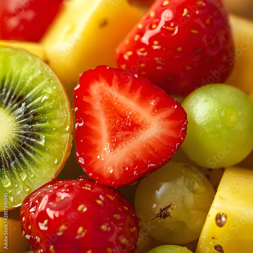 Close-up fruit featuring fresh kiwi slices, juicy strawberries, sweet pineapple chunks, and green grapes