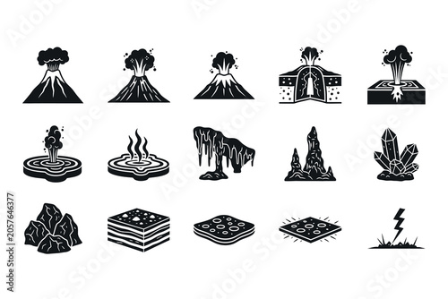 Obraz na płótnie Black silhouette icons of natural landscapes and structures volcanoes canyons ru