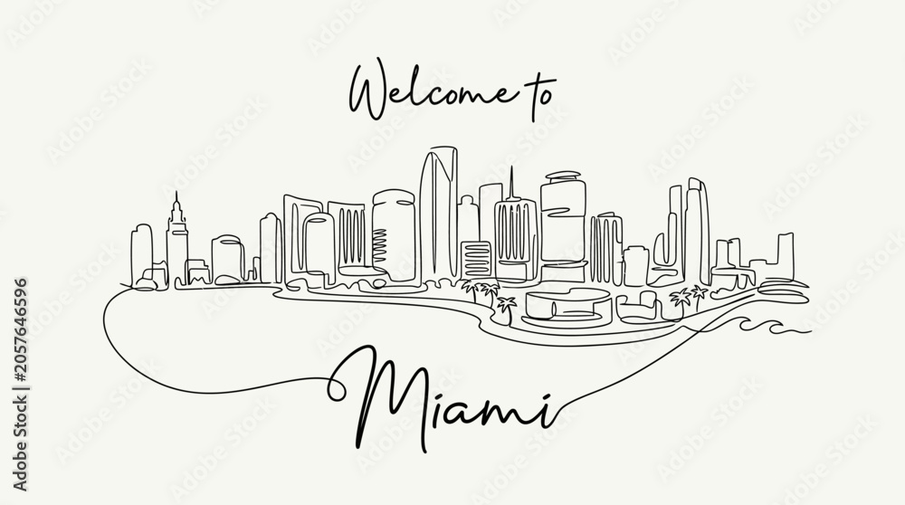 Fototapeta premium Miami Skyline Illustration - Welcome to Florida, Artistic Line Art