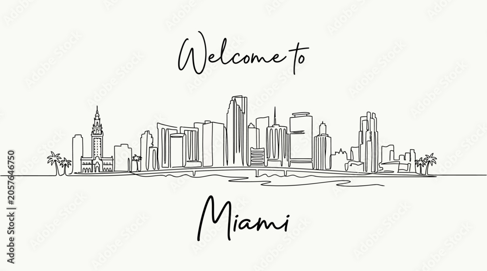Fototapeta premium Miami Florida Skyline Hand Drawn Illustration, Minimalist Architecture