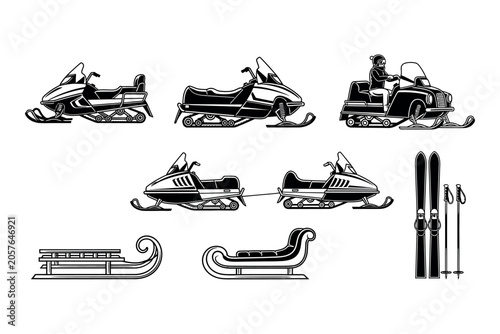 Фотография Winter vehicle silhouettes snowmobiles sleds and skis in a black and white colle