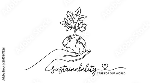 Continuous line drawing of planet earth in hand, with leaves and text.