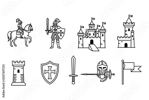 Photos Medieval knight and castle silhouette icon set a historical illustration collect