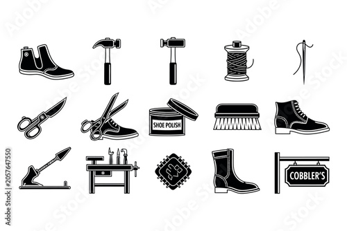 Photos Black silhouette icons of cobbler tools shoes and workshop elements for craftsma