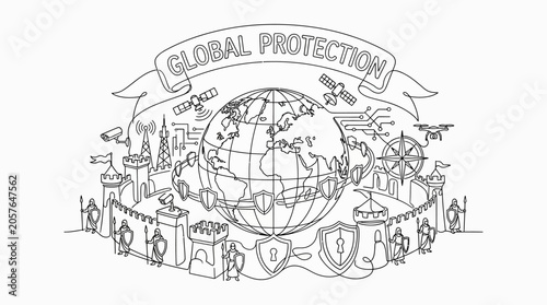Global protection illustration, globe with shields, security measures concept.
