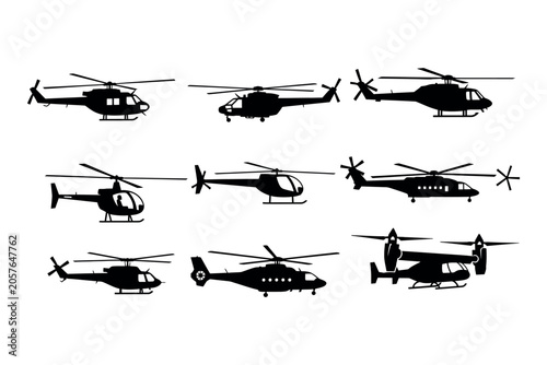 Tableau sur toile Helicopter silhouettes collection a variety of rotorcraft designs in black and w