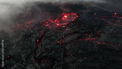 Aerial Drone View of Active Lava Channels and Glowing Hot Spots at Night, Geldingadalir Volcano Iceland