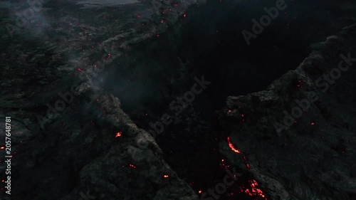 Low Altitude Aerial Drone Flight Over Active Lava Flow Field with Glowing Embers, Geldingadalir Iceland