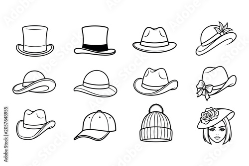 Принти на полотні Variety of hats and headwear a black and white silhouette collection for fashion