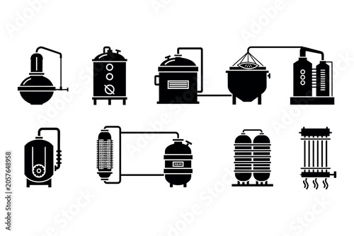 Foto Industrial distillery equipment silhouette set black icons for brewing refining