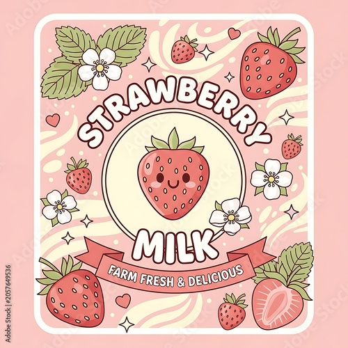 Strawberry milk bottle label design with fresh fruit.