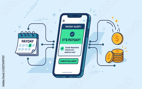 Digital Payday Notification on Smartphone App with Coins and Calendar Financial Success Concept