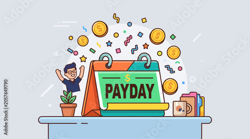 Happy Person Celebrating Payday with Falling Coins and Confetti Financial Success and Income Concept