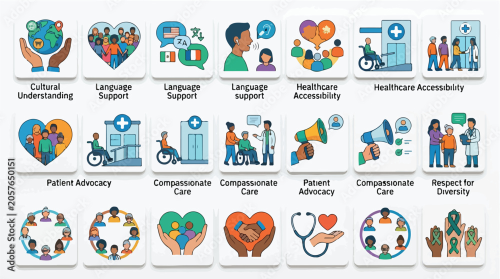 Fototapeta premium Set of healthcare and social inclusivity icons featuring diverse patient care scenarios.